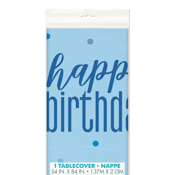 Glitz Blue & Silver Happy Birthday Reusable Plastic Tablecover