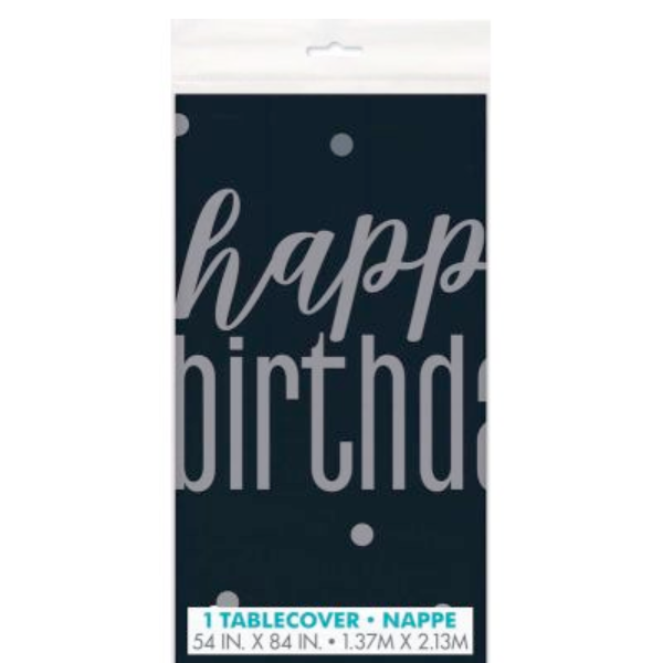 Glitz Black Happy Birthday Reusable Plastic Tablecover