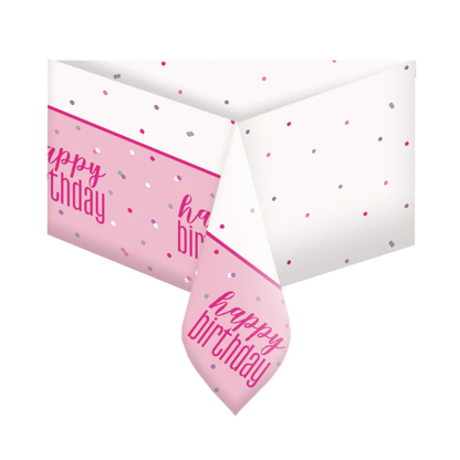 Glitz Pink & Silver Happy Birthday Reusable Plastic Tablecover