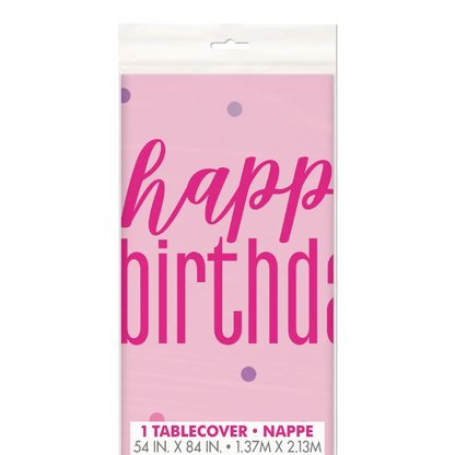 Glitz Pink & Silver Happy Birthday Reusable Plastic Tablecover