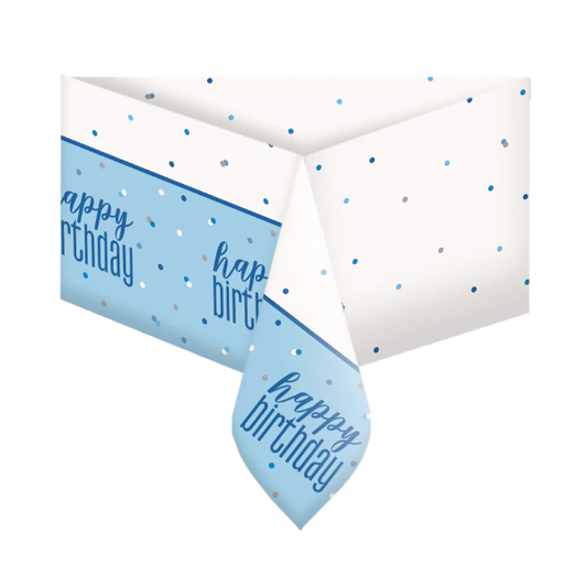 Glitz Blue & Silver Happy Birthday Reusable Plastic Tablecover